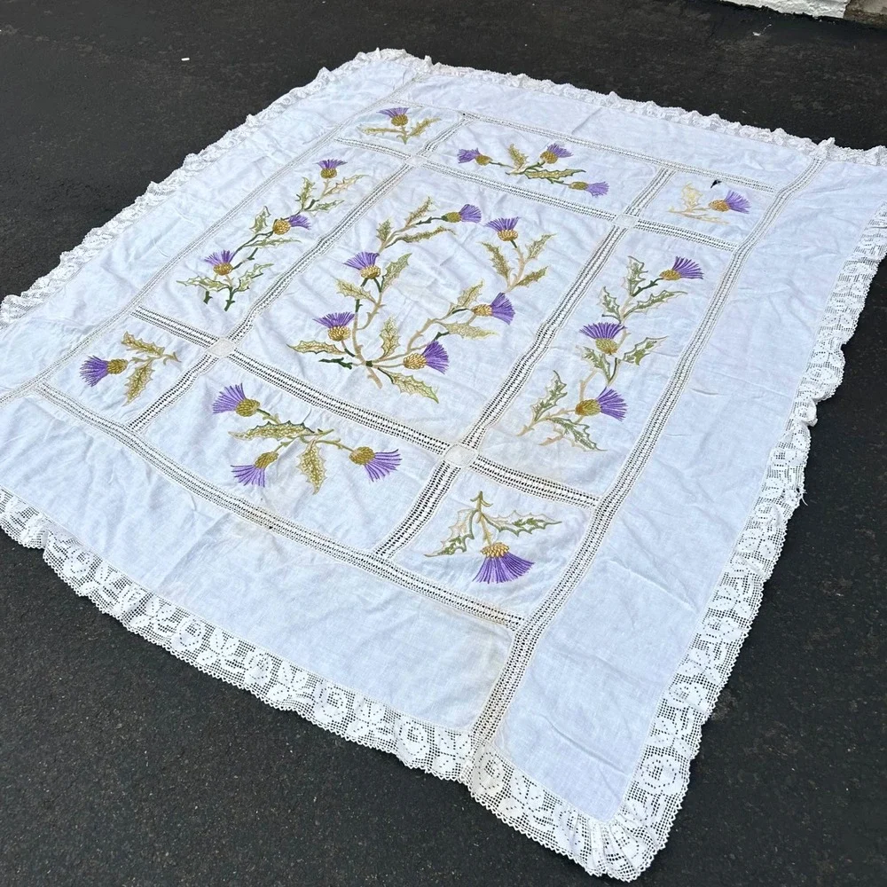 Vintage Hand Embroidered Irish Thistle Floral Table Cloth White Crochet Lace